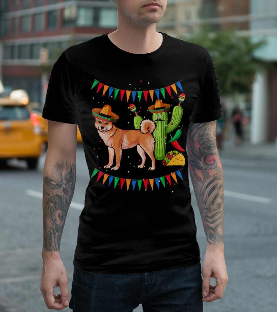 Sombrero Shiba Inu Dog Mexico Cinco De Mayo Celebration With Cactus And Taco T-Shirt