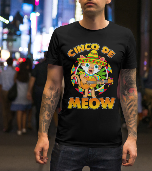 Cinco De Meow Mexican Sombrero Cat Playing Guitar T-Shirt
