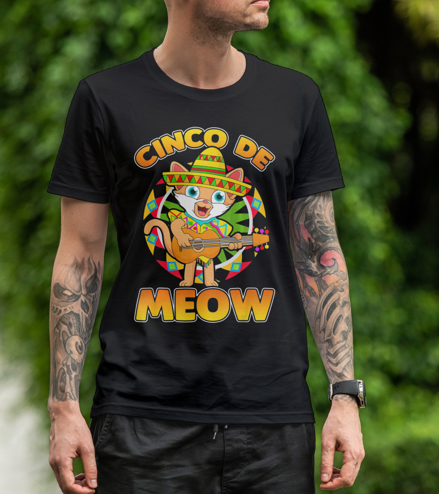 Cinco De Meow Mexican Sombrero Cat Playing Guitar T-Shirt