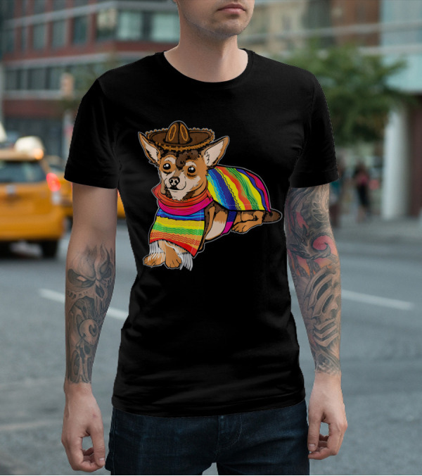 Cute Dog Chihuahua Chiweenie Mexico Sombrero Rainbow Poncho Cinc T-Shirt