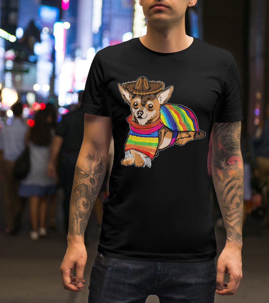 Cute Dog Chihuahua Chiweenie Mexico Sombrero Rainbow Poncho Cinc T-Shirt