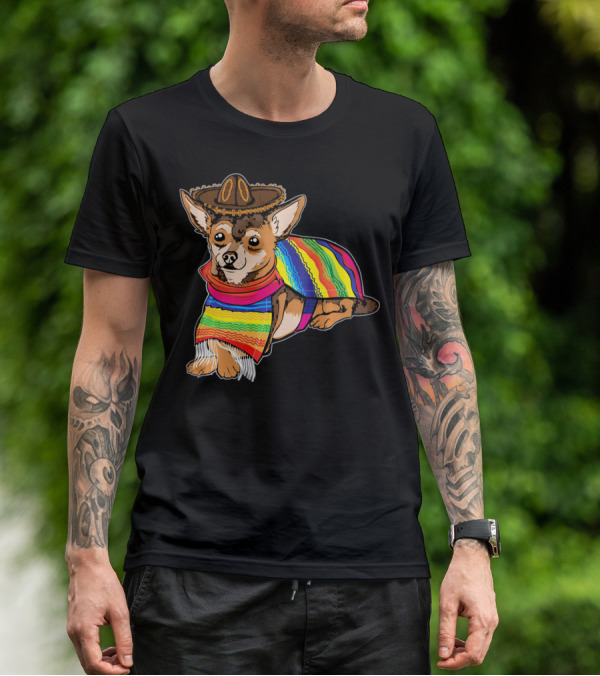 Cute Dog Chihuahua Chiweenie Mexico Sombrero Rainbow Poncho Cinc T-Shirt