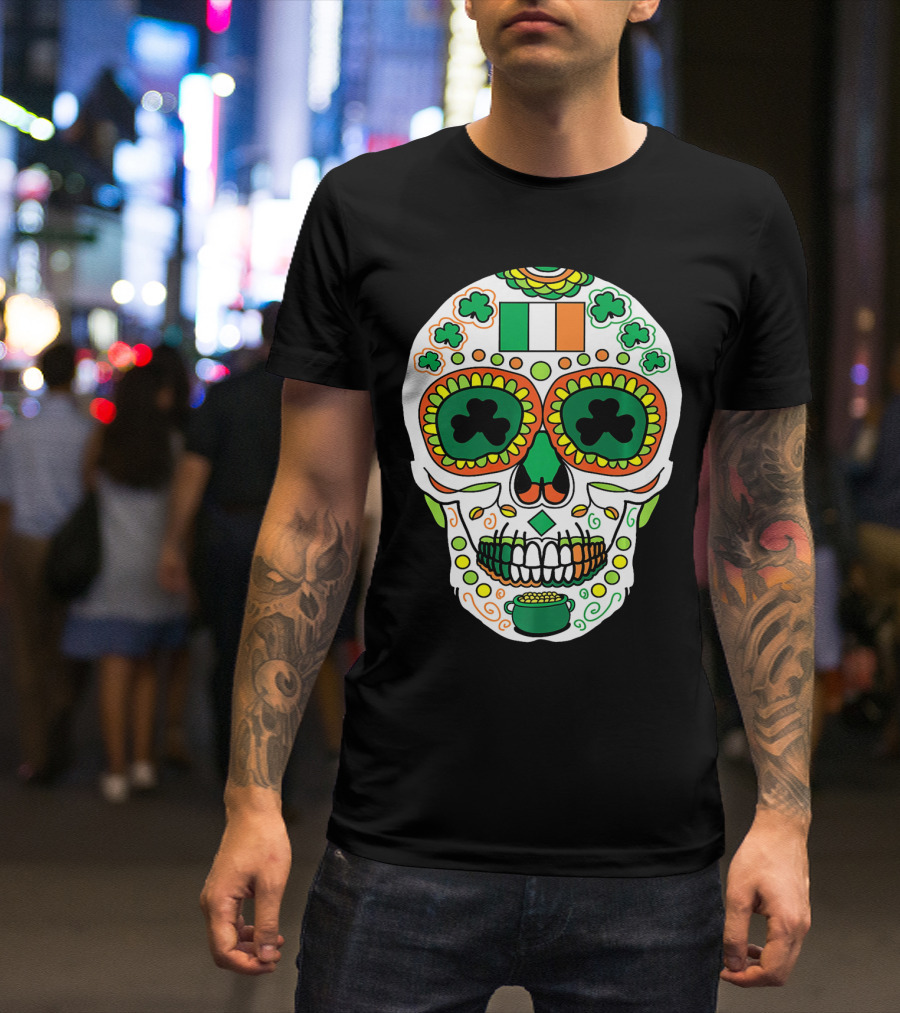 St Paddys Day Irish Flag Shamrock Sugar Skull Cinco De T-Shirt