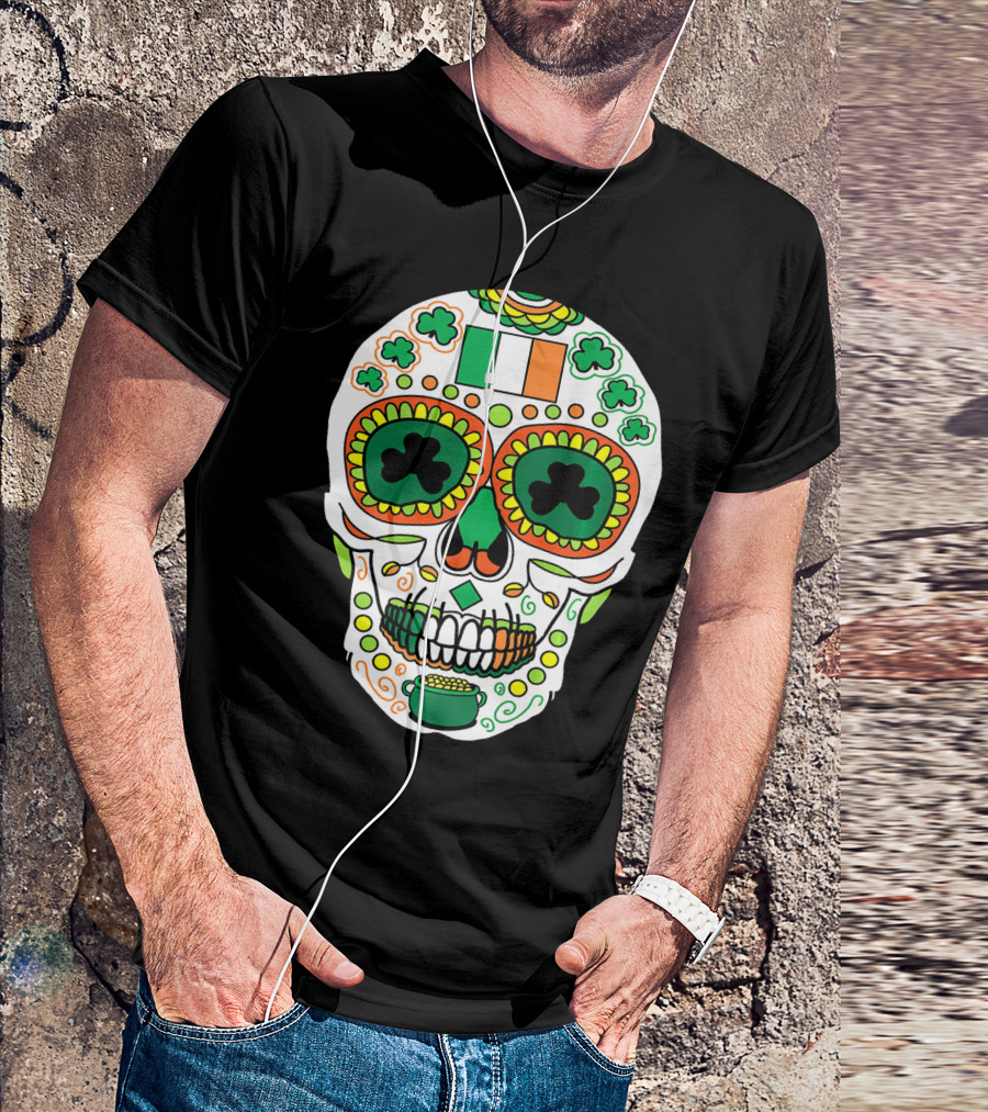 St Paddys Day Irish Flag Shamrock Sugar Skull Cinco De T-Shirt