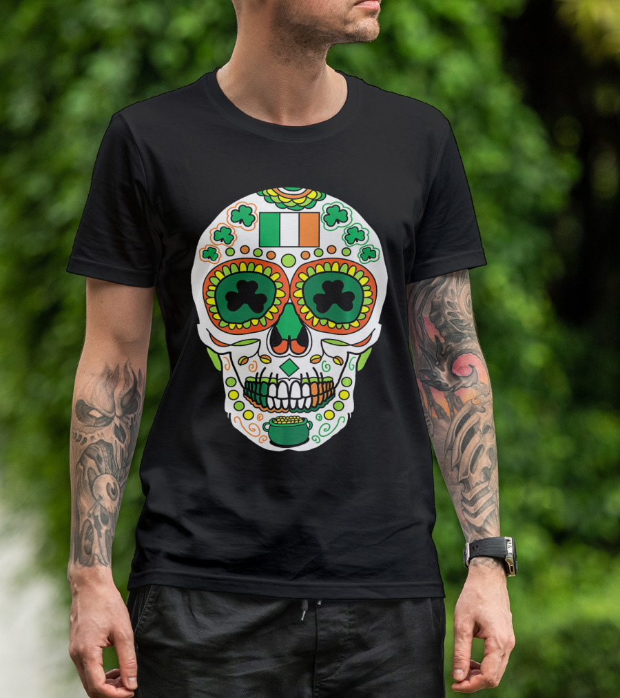 St Paddys Day Irish Flag Shamrock Sugar Skull Cinco De T-Shirt