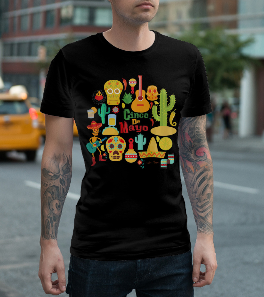 Cinco De Mayo Cactus Skull Sombrero Guitar Festivity T-Shirt