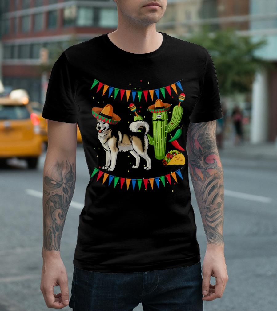 Sombrero Alaskan Malamute Dog With Cactus And Mexican Fiesta Elements T-Shirt