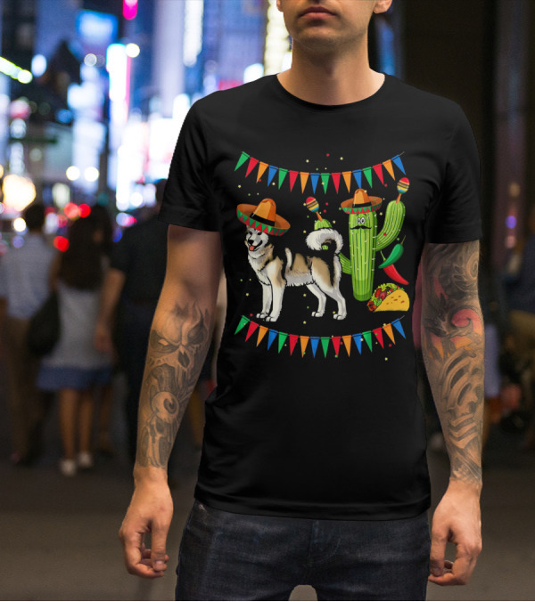 Sombrero Alaskan Malamute Dog With Cactus And Mexican Fiesta Elements T-Shirt