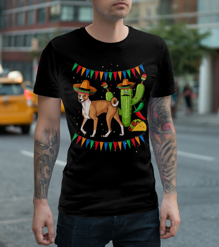 Sombrero Basenji Dog and Cactus Mexico Cinco De May Fiesta Elements T-Shirt