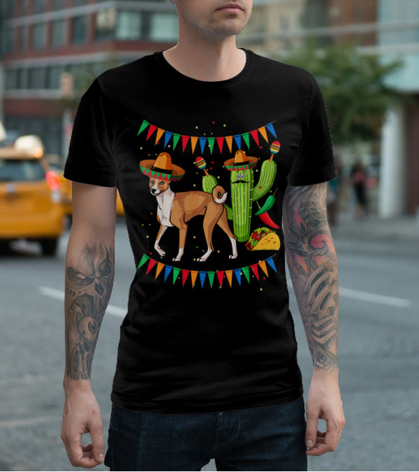 Sombrero Basenji Dog And Cactus Mexico Cinco De May Fiesta Elements T-Shirt