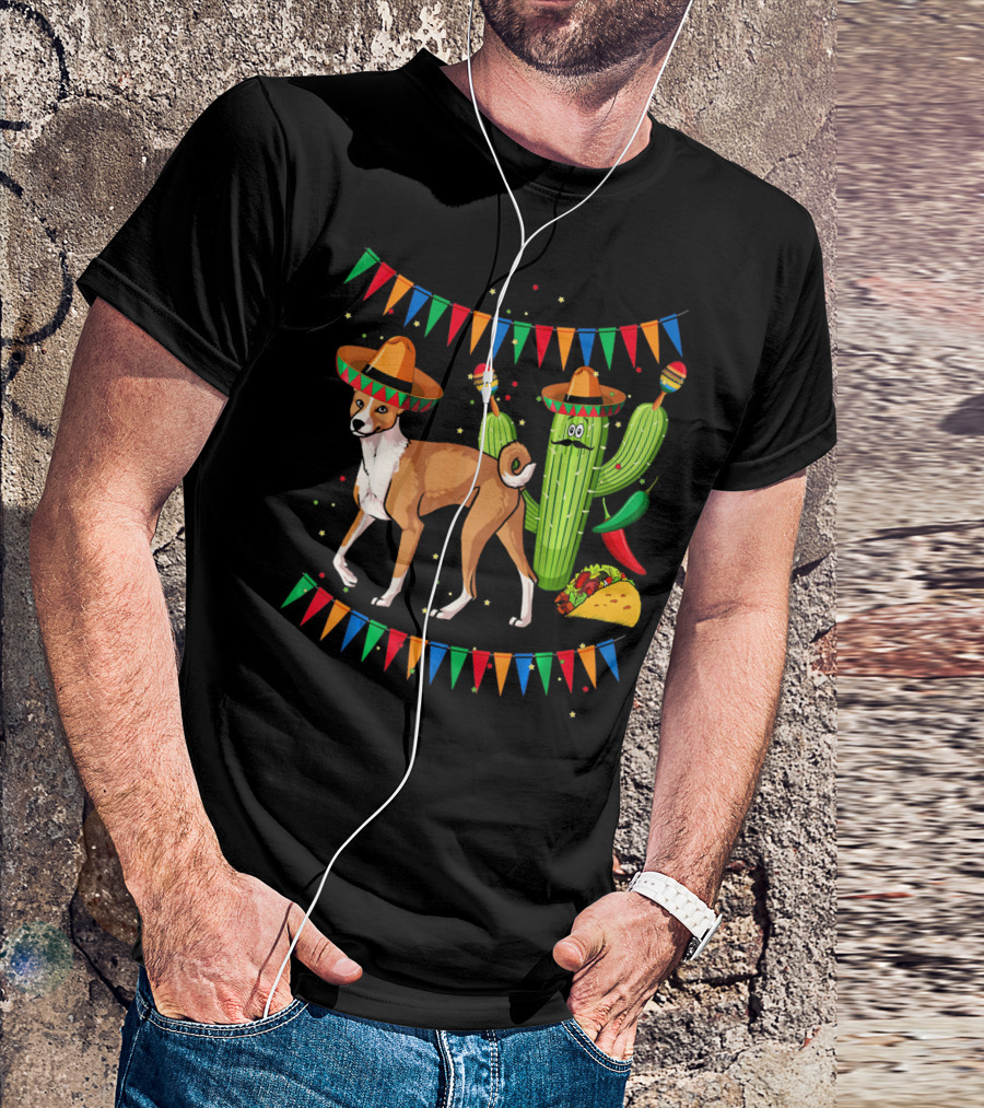 Sombrero Basenji Dog And Cactus Mexico Cinco De May Fiesta Elements T-Shirt