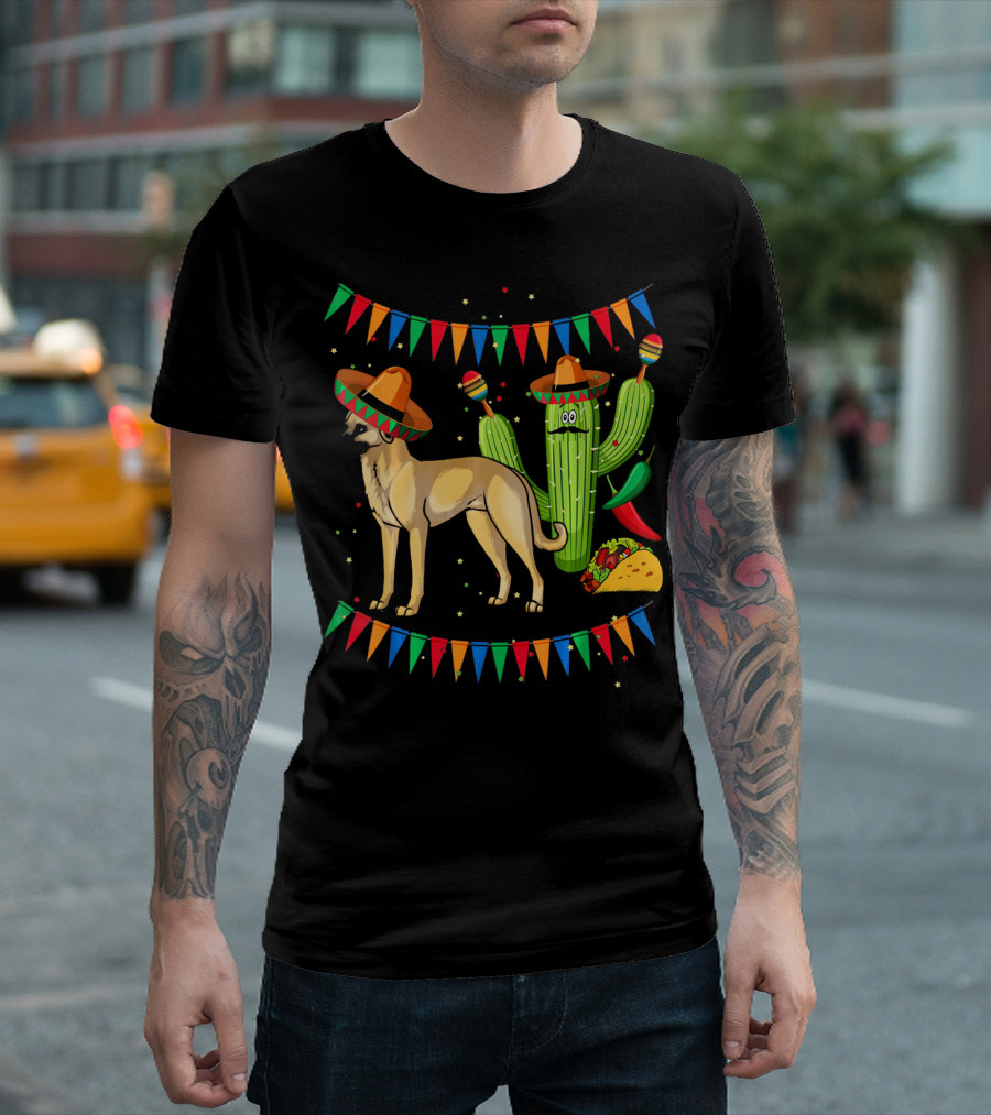 Sombrero-Clad Anatolian Shepherd Dog with Mexican Cactus and Taco Fiesta Banners T-Shirt