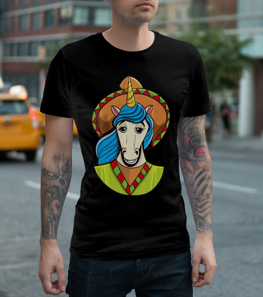 Hispanic Unicorn in Sombrero with Colorful Mane for Cinco T-Shirt
