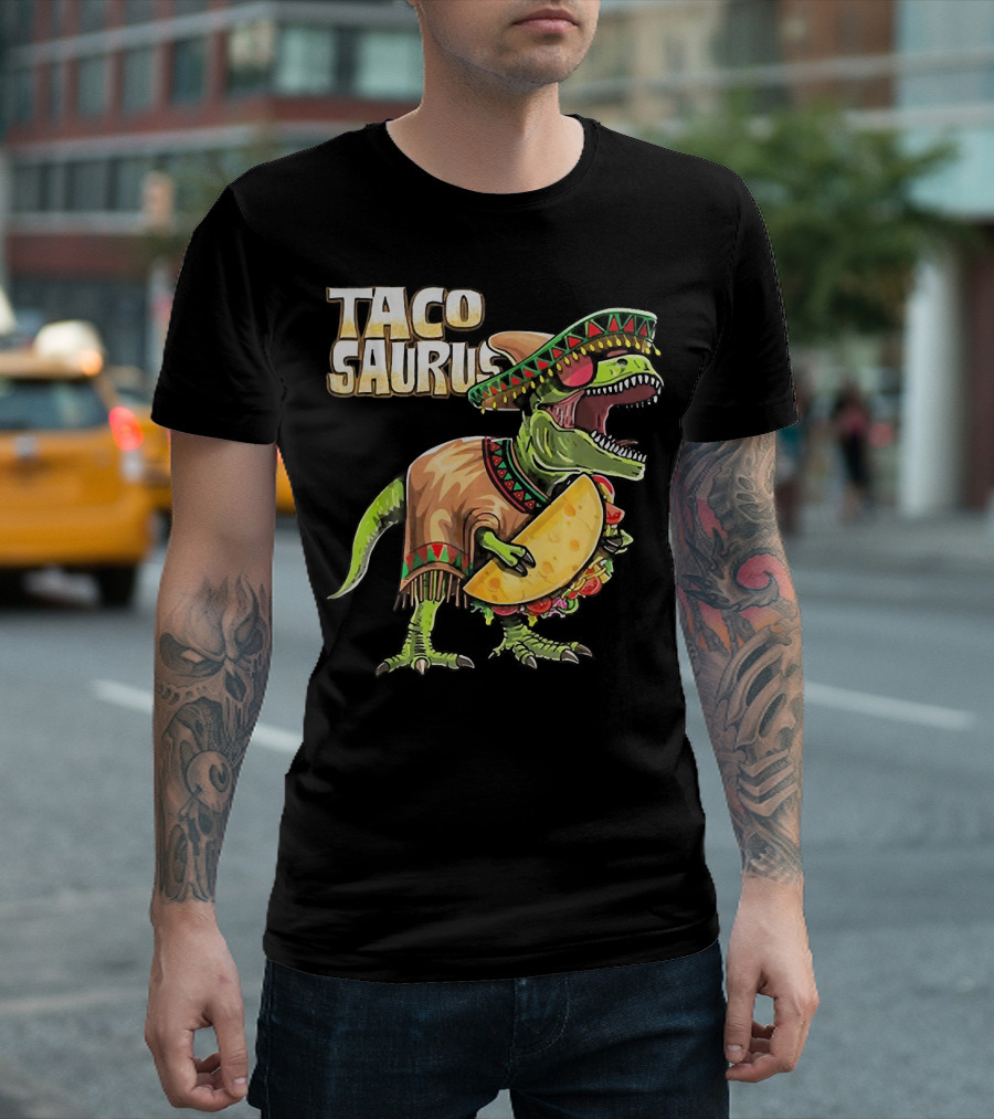 Tacosaurus Dinosaur Wearing Sombrero and Serape Holding Taco T-Shirt