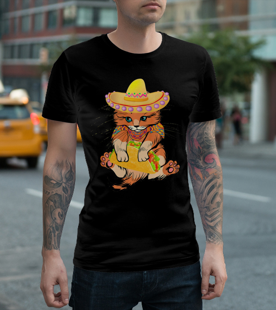 Cinco De Mayo Funny Cat in Sombrero Holding Taco T-Shirt