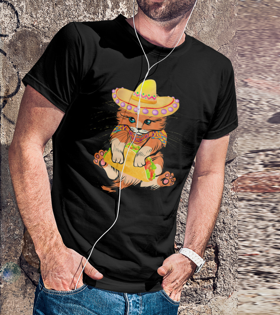 Cinco De Mayo Funny Cat In Sombrero Holding Taco T-Shirt