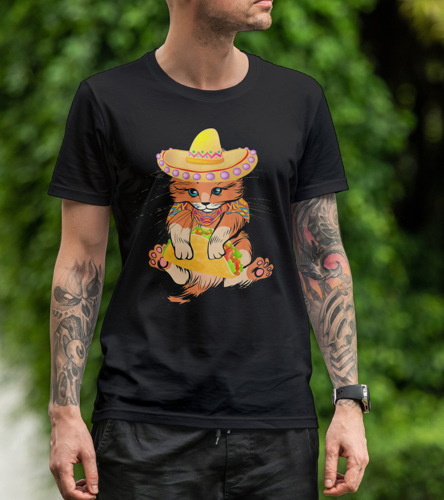 Cinco De Mayo Funny Cat In Sombrero Holding Taco T-Shirt