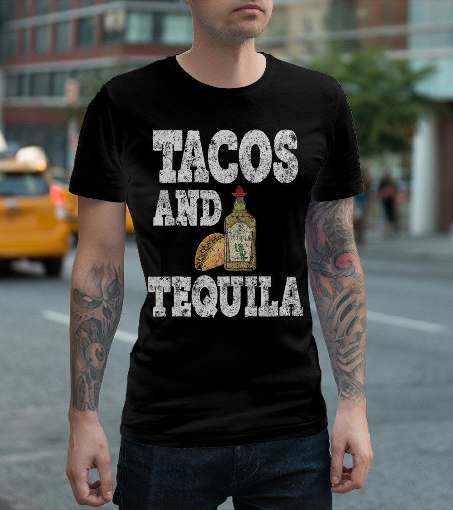 Tacos And Tequila With Bottle And Sombrero For Cinco De Mayo T-Shirt