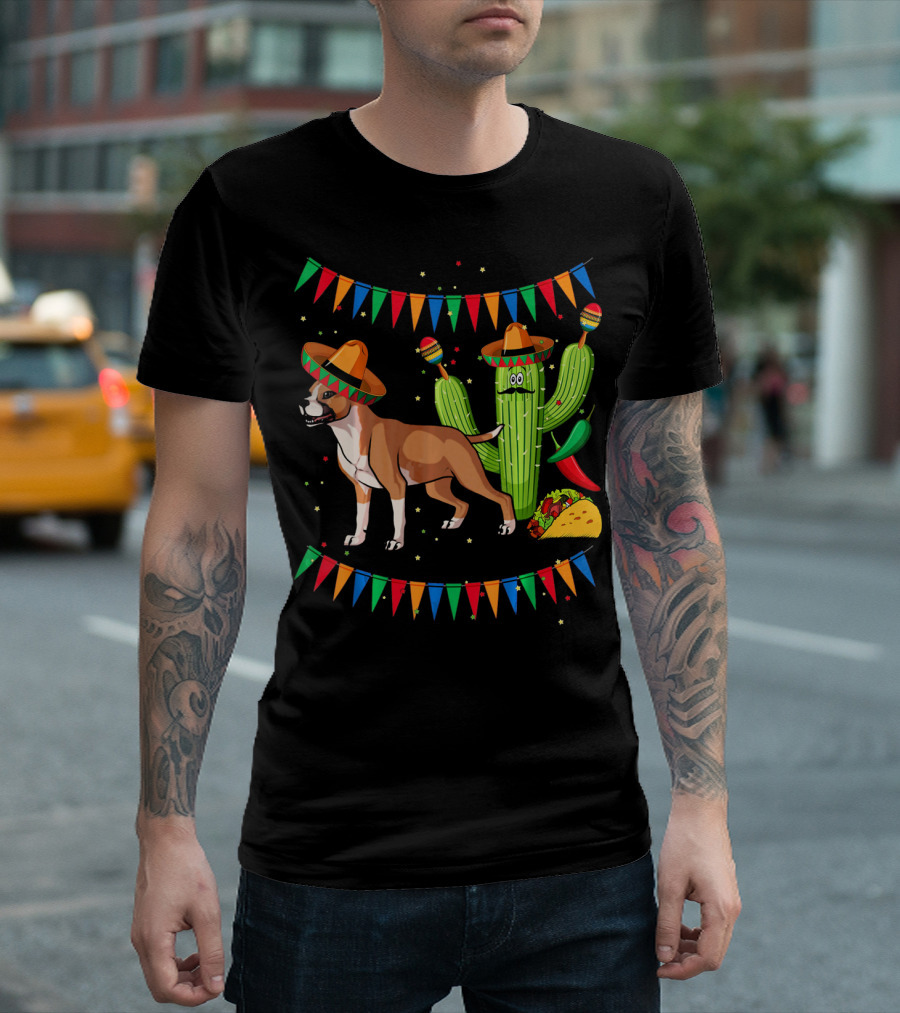 Cinco Sombrero Staffordshire Terrier Dog with Festive Cactus and Taco T-Shirt