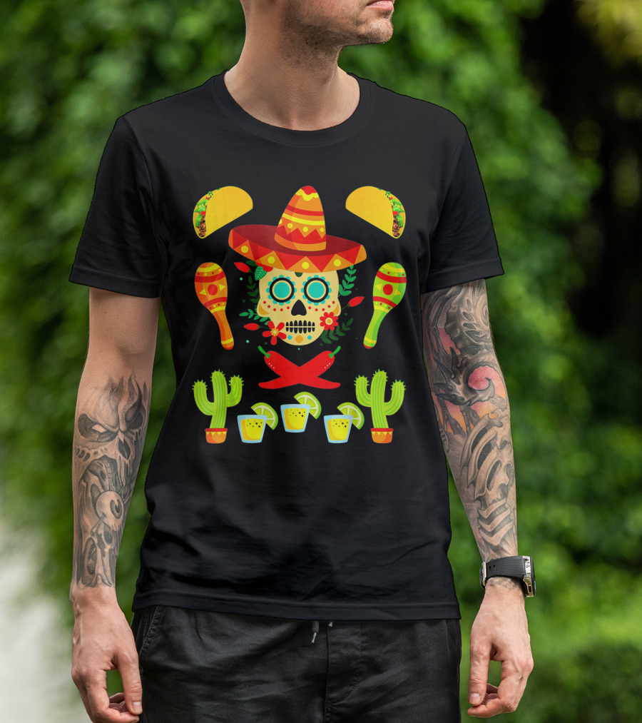 Festive Cinco De Mayo Sombrero Skull With Tacos And Maracas T-Shirt