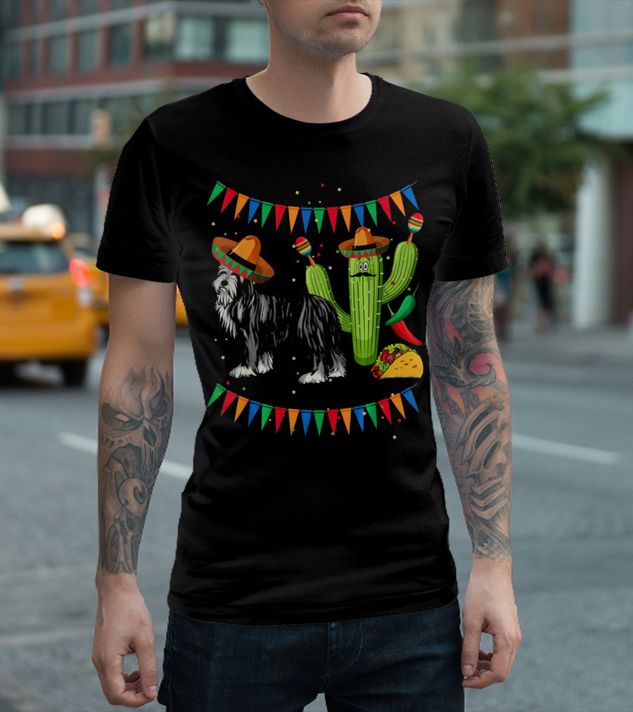 Sombrero Bearded Collie Dog Cactus Fiesta Mexico Cinco de Mayo Flags Taco Maracas T-Shirt