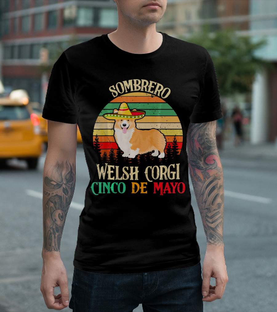 Sombrero Welsh Corgi Cinco De Mayo Vintage Sunset T-Shirt