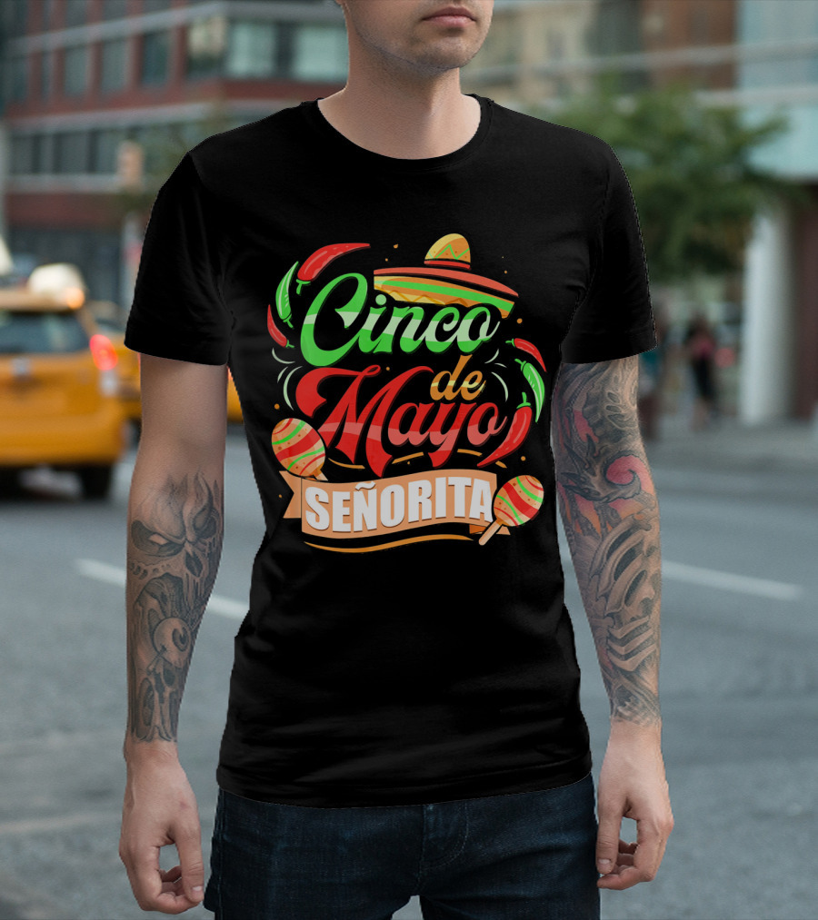 Cinco De Mayo Senorita Sombrero Maracas Chiles T-Shirt