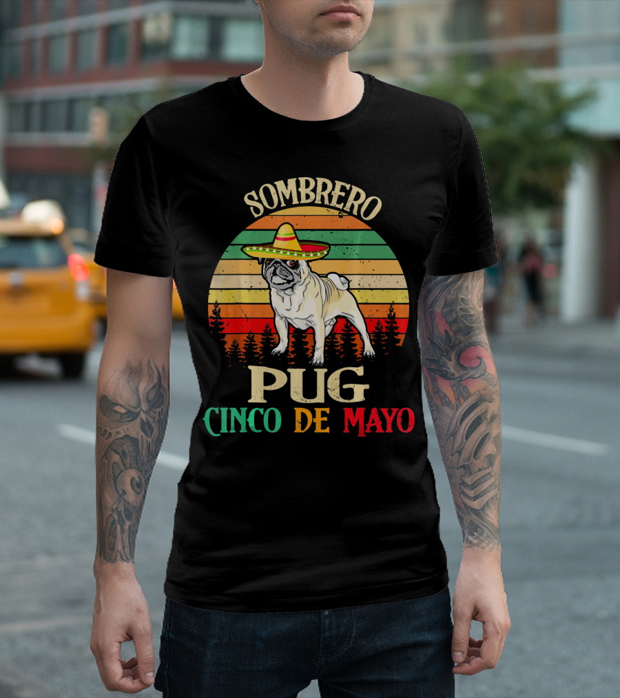 Sombrero Pug Cinco de Mayo Retro Stripes T-Shirt