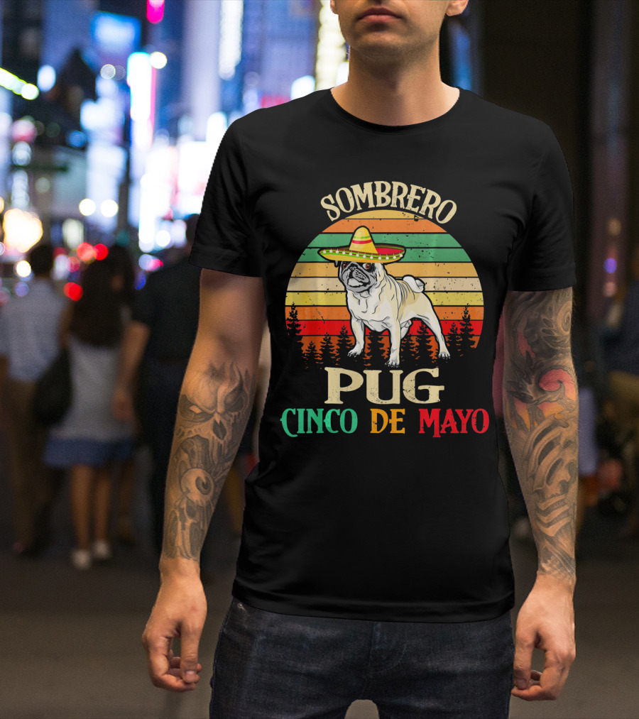 Sombrero Pug Cinco De Mayo Retro Stripes T-Shirt