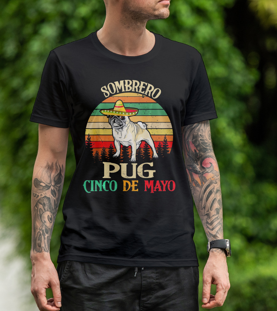 Sombrero Pug Cinco De Mayo Retro Stripes T-Shirt