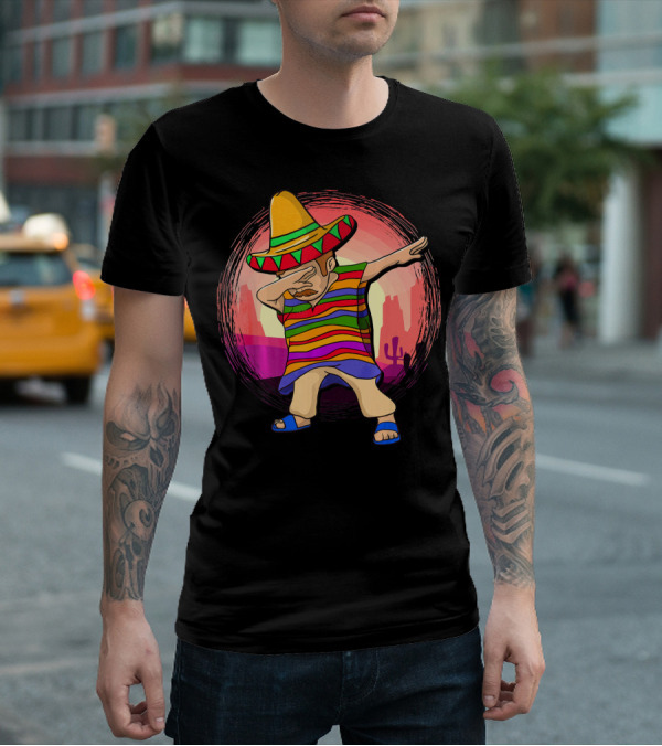 Mexican Poncho Sombrero Dabbing Sunset Cactus Background T-Shirt