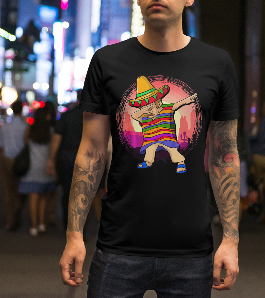 Mexican Poncho Sombrero Dabbing Sunset Cactus Background T-Shirt