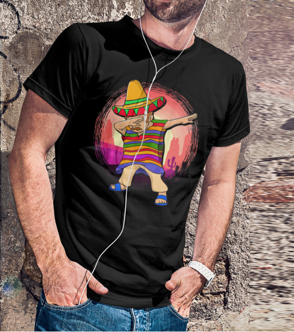 Mexican Poncho Sombrero Dabbing Sunset Cactus Background T-Shirt