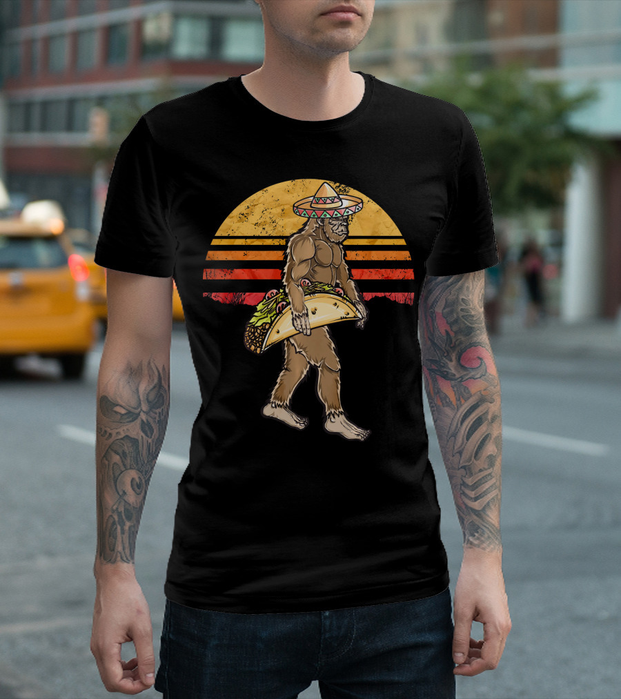 Bigfoot Sombrero Taco Retro Sunset T-Shirt
