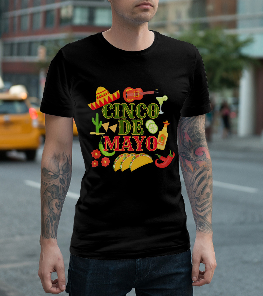 Cinco de Mayo Party Sombrero Guitar Margarita Hot Sauce Tacos Peppers T-Shirt