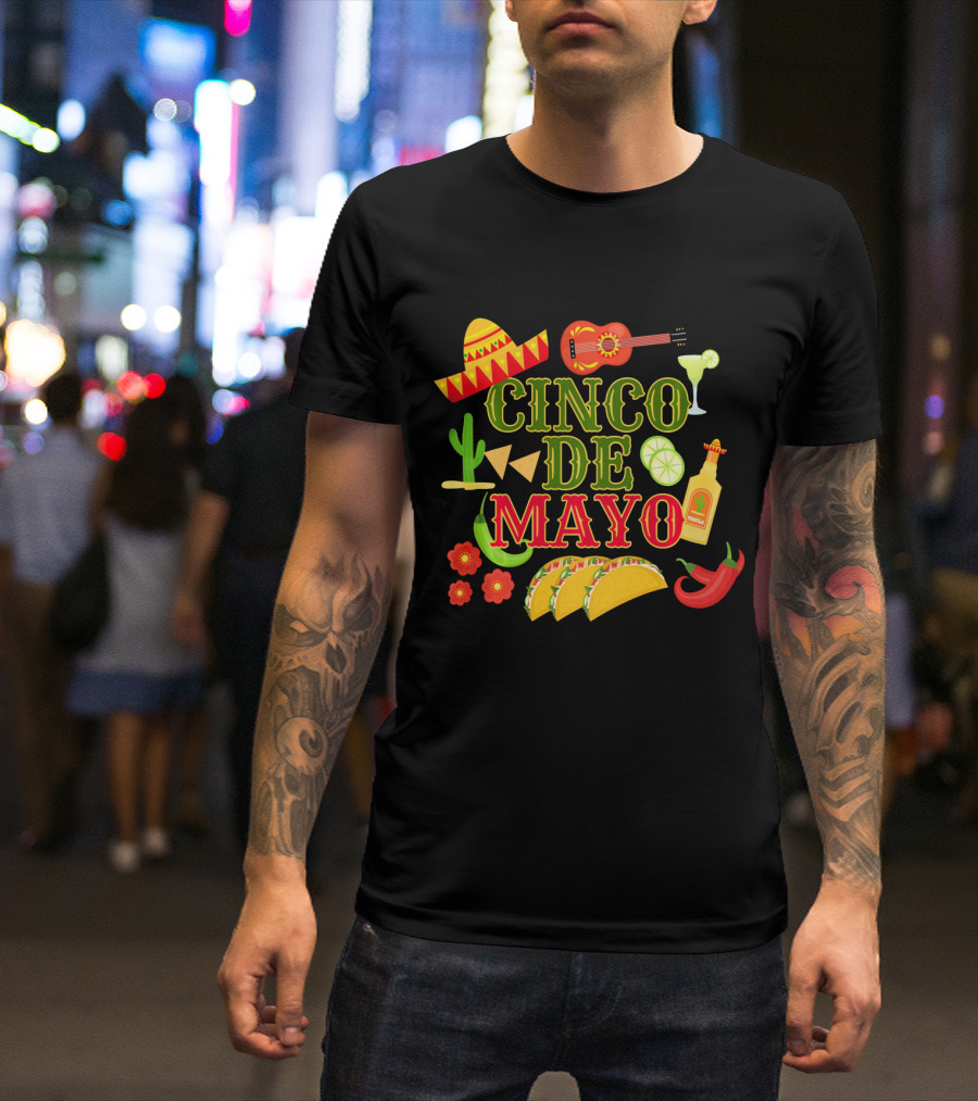 Cinco De Mayo Party Sombrero Guitar Margarita Hot Sauce Tacos Peppers T-Shirt