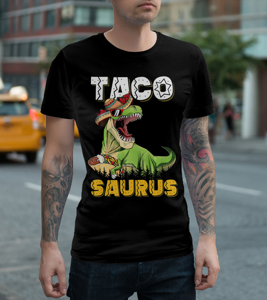 Taco Tacosaurus Cinco Dinosaur in Sombrero with Taco T-Shirt