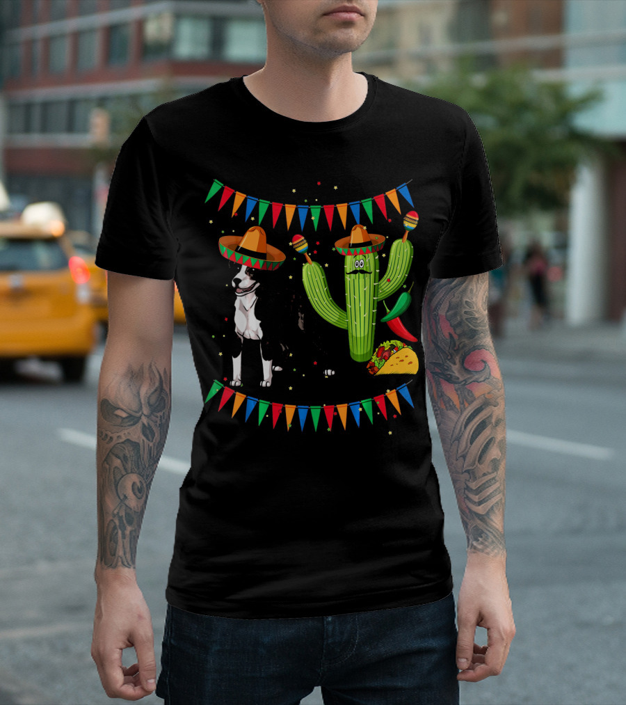 Sombrero American Pit Bull Terrier with Cactus and Taco Fiesta Elements T-Shirt