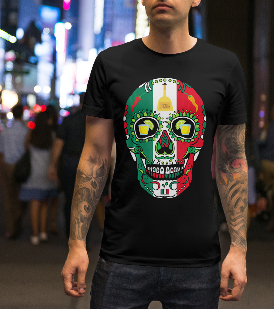 Mexican Cinco De Mayo Tequila Skull With Flag Colors And Chili Peppers T-Shirt