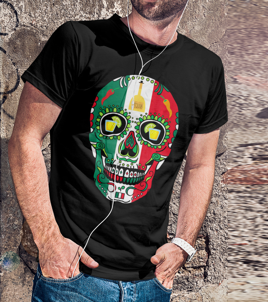 Mexican Cinco De Mayo Tequila Skull With Flag Colors And Chili Peppers T-Shirt