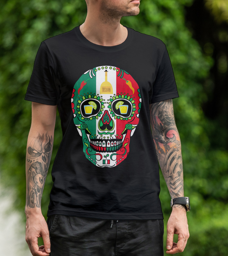 Mexican Cinco De Mayo Tequila Skull With Flag Colors And Chili Peppers T-Shirt