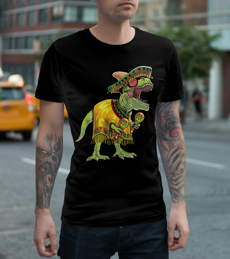 Cinco De Mayo Dinosaur Sombrero Maracas Poncho Fiesta T-Shirt