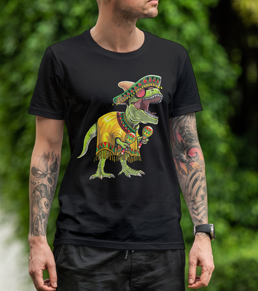 Cinco De Mayo Dinosaur Sombrero Maracas Poncho Fiesta T-Shirt