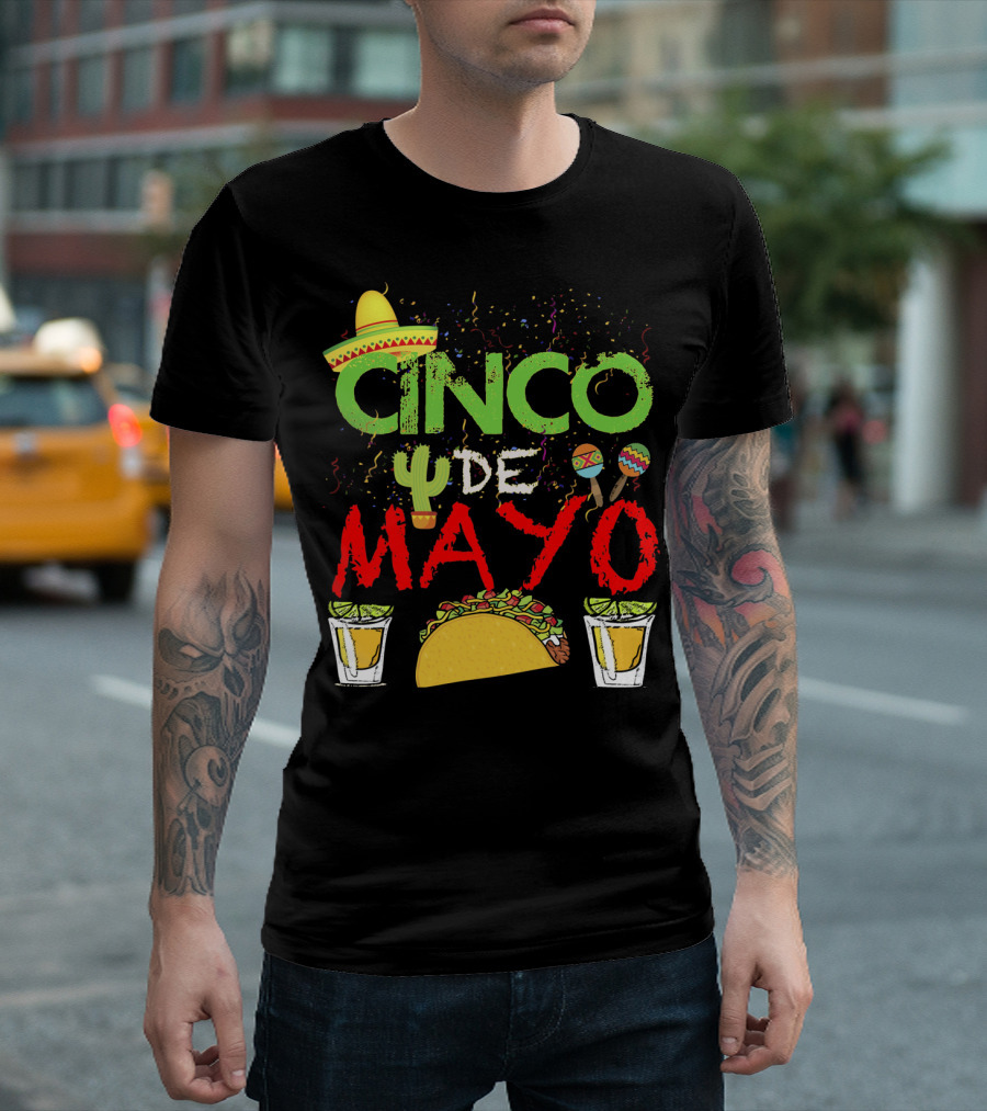 Cinco De Mayo Sombrero Maracas Taco Cactus Drinks Fiesta T-Shirt