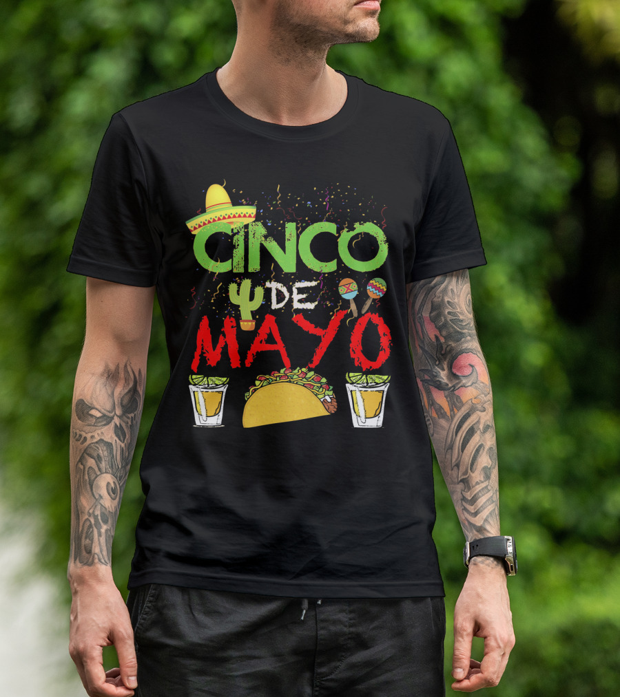 Cinco De Mayo Sombrero Maracas Taco Cactus Drinks Fiesta T-Shirt