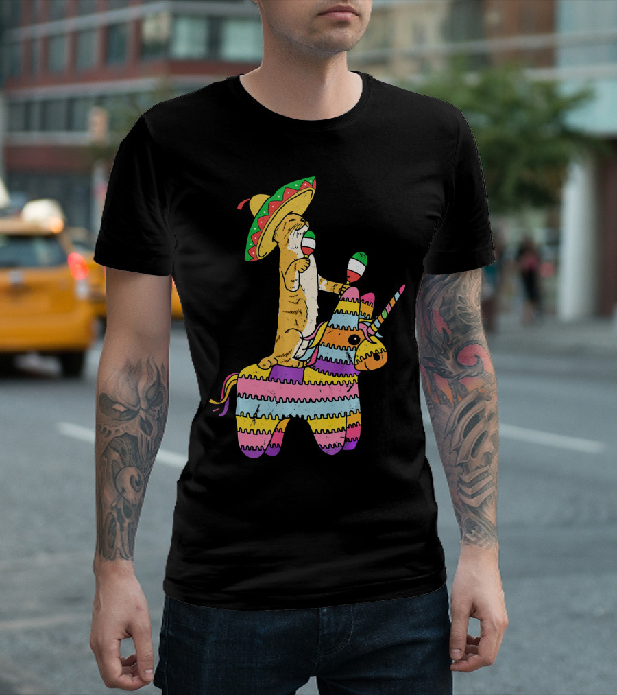 Cinco De Meow Cat Riding Colorful Unicorn Pinata With Sombrero And Maracas T-Shirt