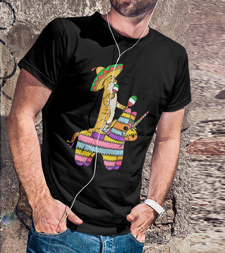 Cinco De Meow Cat Riding Colorful Unicorn Pinata With Sombrero And Maracas T-Shirt