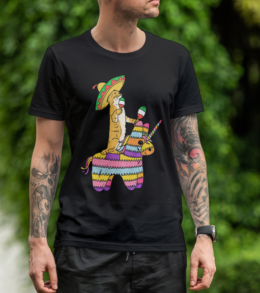 Cinco De Meow Cat Riding Colorful Unicorn Pinata With Sombrero And Maracas T-Shirt