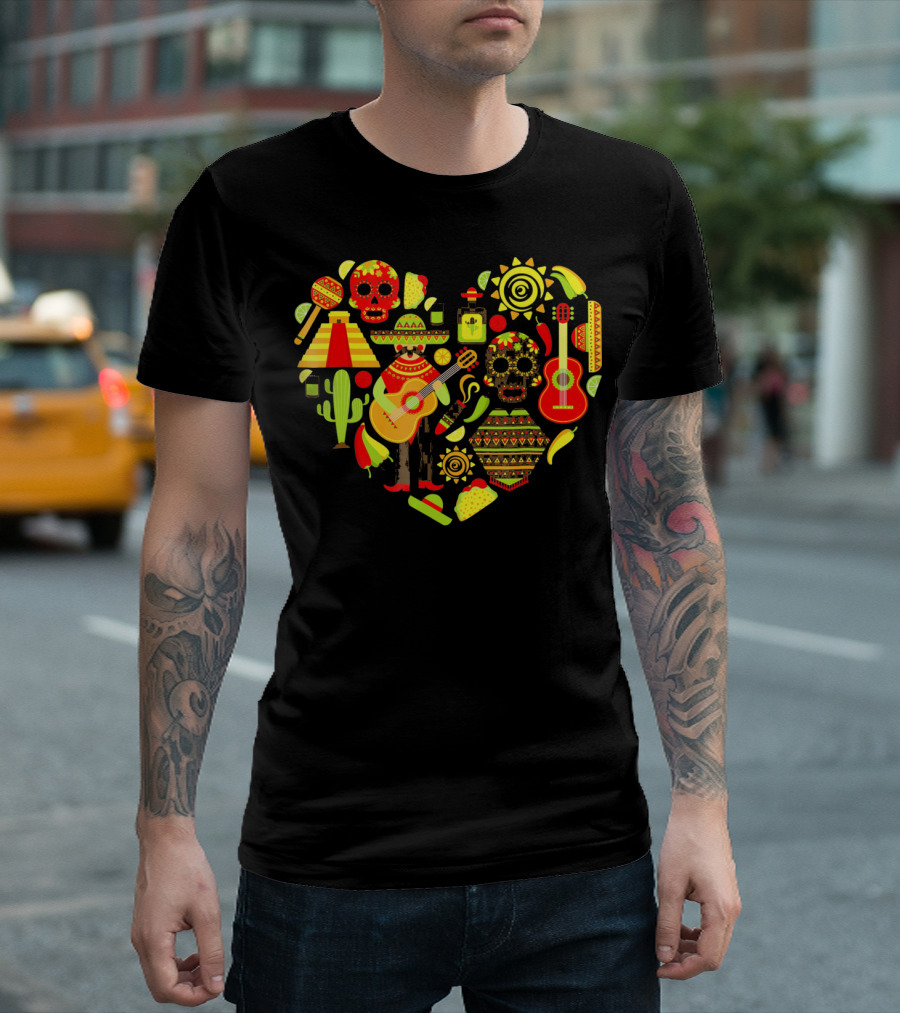 Cinco De Mayo Love Skull Guitar Cactus Sombrero Heart T-Shirt