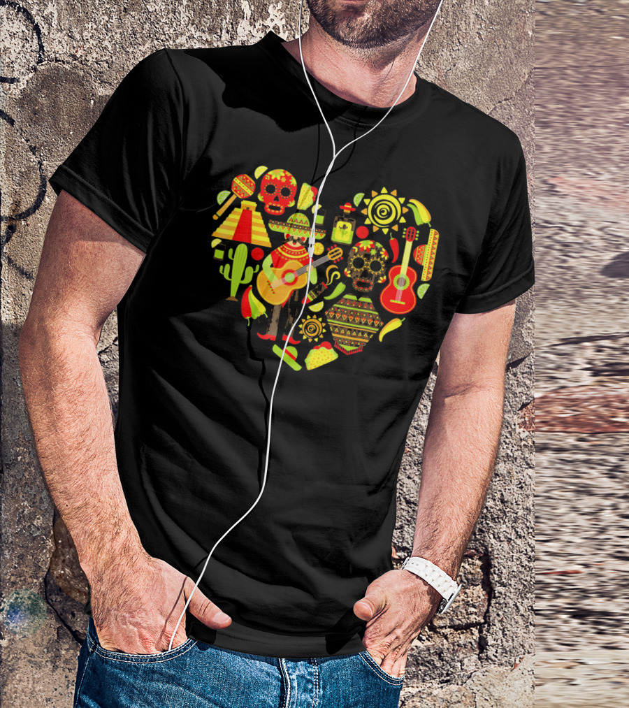Cinco De Mayo Love Skull Guitar Cactus Sombrero Heart T-Shirt